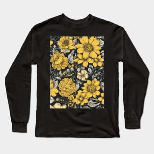 black background with white and yellow flowers 4 Long Sleeve T-Shirt